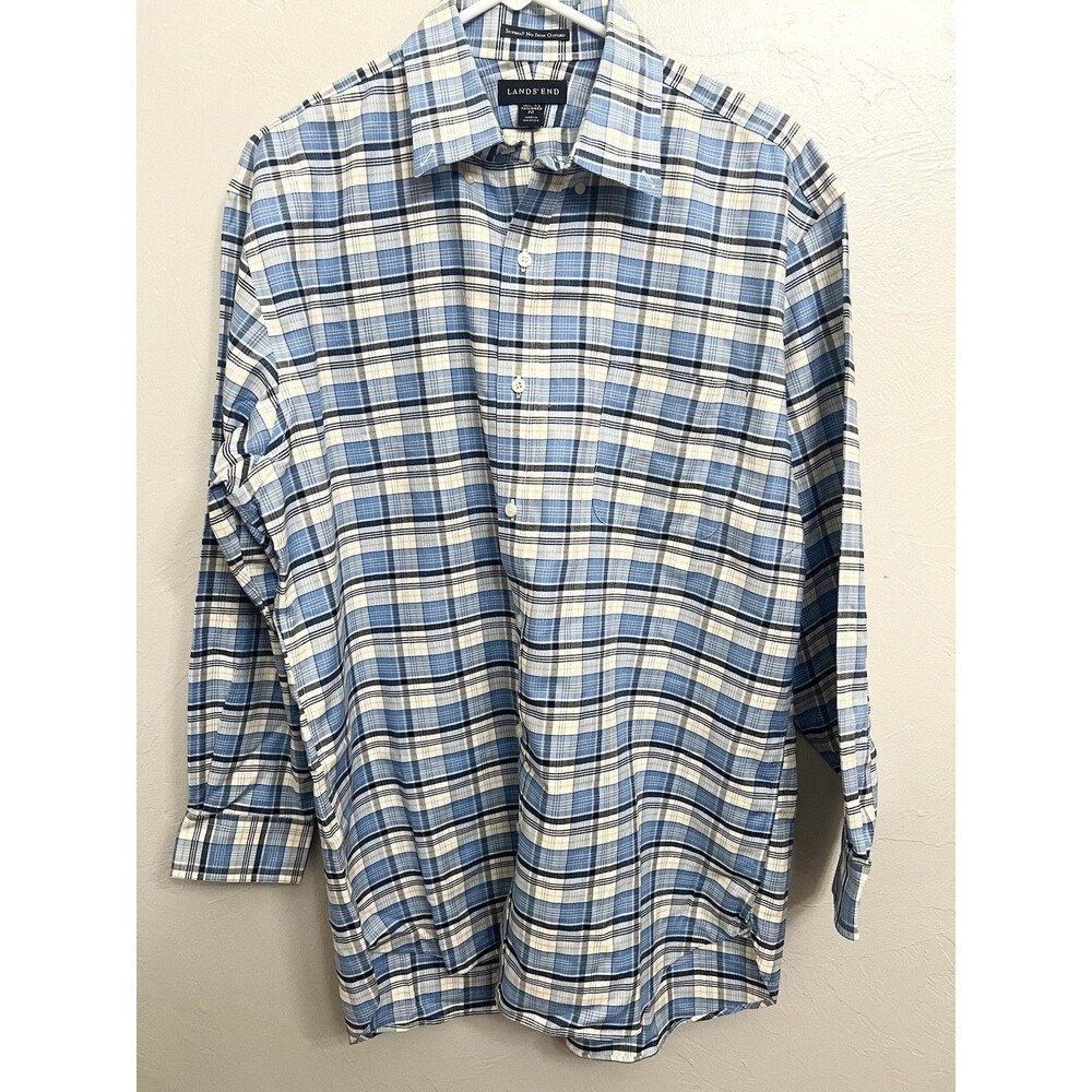 NWOT LANDS' END MEN'S 16.5 - 32 NO IRON SUPIMA PINPOINT OXFORD BUTTON DOWN BLUE